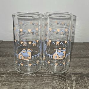Set of 2 Clear Glass Tumblers with Pastel House & Heart Motif